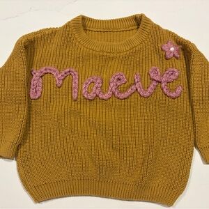 Mustard Knit Sweater with Pink Script Detail- Custom Etsy monogram Maeve